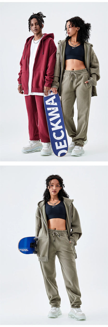 ZODF Basic Winter Men Fleece Zipper Hoodies Unisex Casual Loose 350gsm Warm Solid Hooded Sweatshirts Coats 18 Colors HY0726