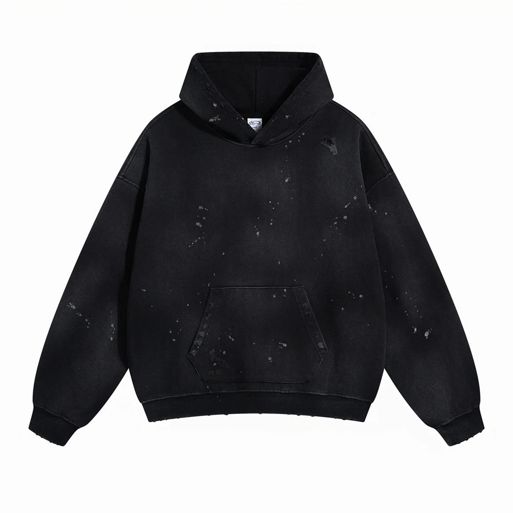 ZODF Autumn Winter Spray Dyeing Ink Splashing Hoodies For Men Unisex 450gsm Washed Oversized Knitted Hooded Pullovers HY0908