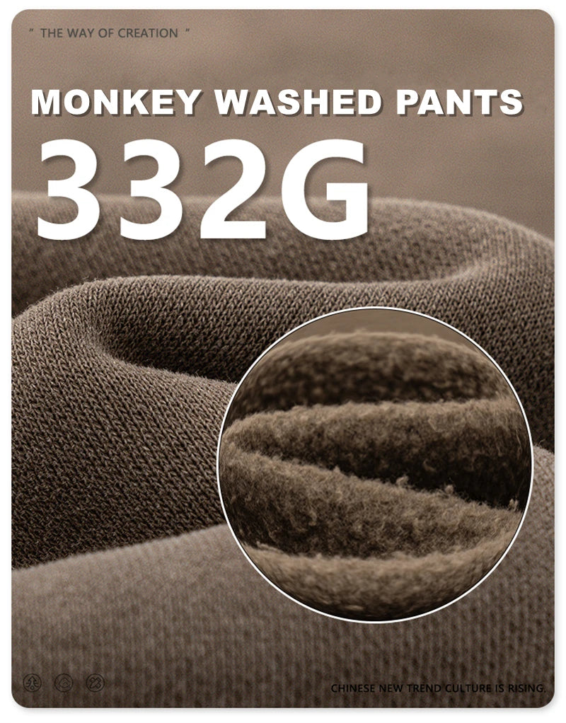 ZODF Retro Winter Monkey Washed Fleece Pants For Men Unisex Washed High Street 332gsm Warm Oversized Straight Trousers HY0892