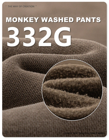 ZODF Retro Winter Monkey Washed Fleece Pants For Men Unisex Washed High Street 332gsm Warm Oversized Straight Trousers HY0892
