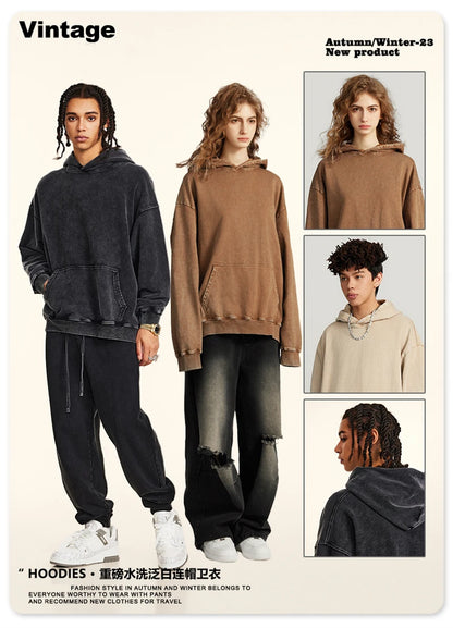 ZODF Retro Men Heavyweight Washed Cotton Hoodies Unisex Loose Thick 420gsm Hooded Sweatshirts Pullovers Coats HY0466
