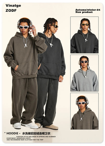ZODF 2024 Winter Unisex Washed Fleece Hoodies 360gsm Warm Loose Retro Hooded Sweatshirts HY0870