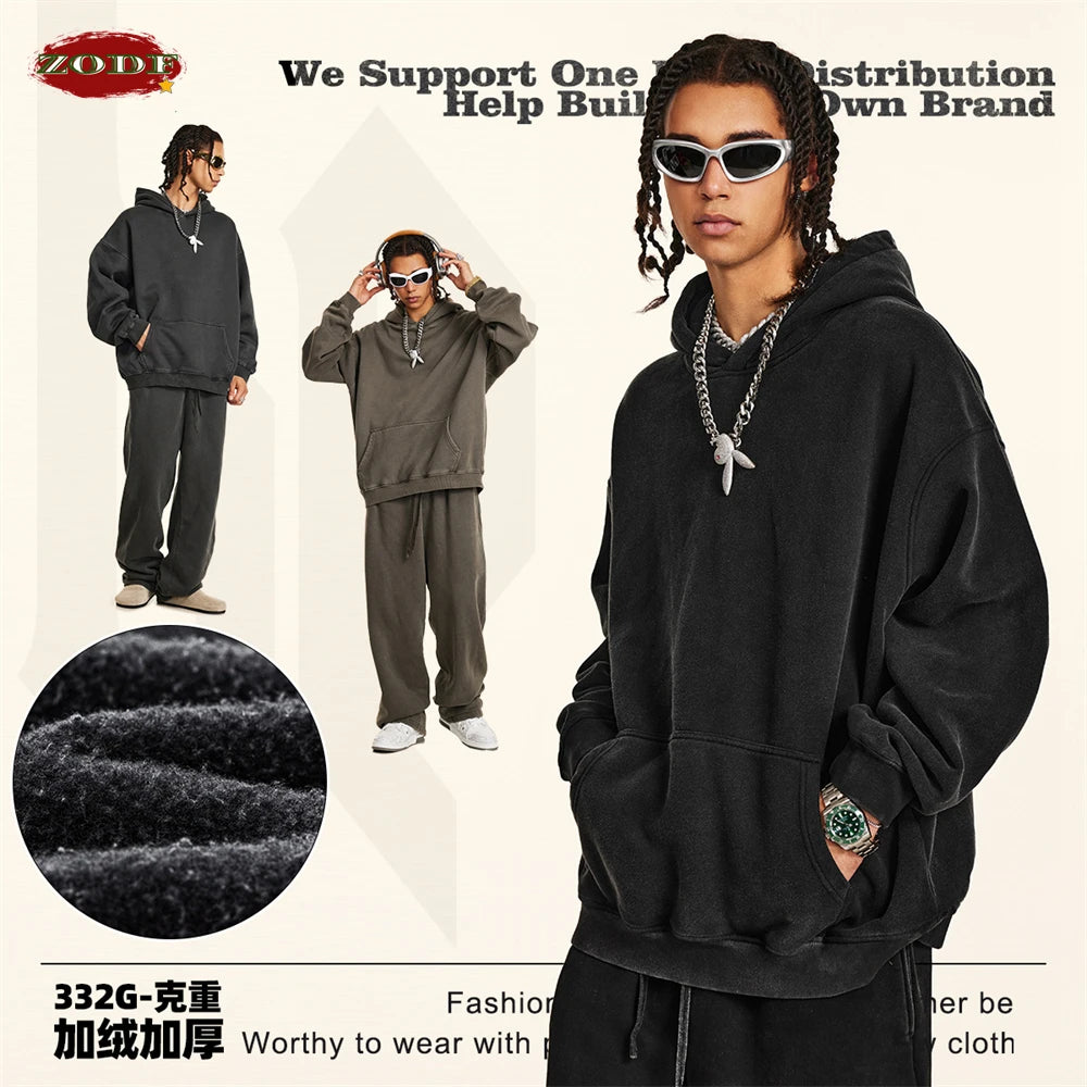 ZODF 2024 Winter Unisex Washed Fleece Hoodies 360gsm Warm Loose Retro Hooded Sweatshirts HY0870