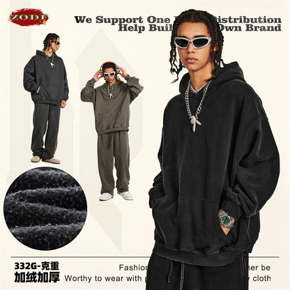 ZODF 2024 Winter Unisex Washed Fleece Hoodies 360gsm Warm Loose Retro Hooded Sweatshirts HY0870
