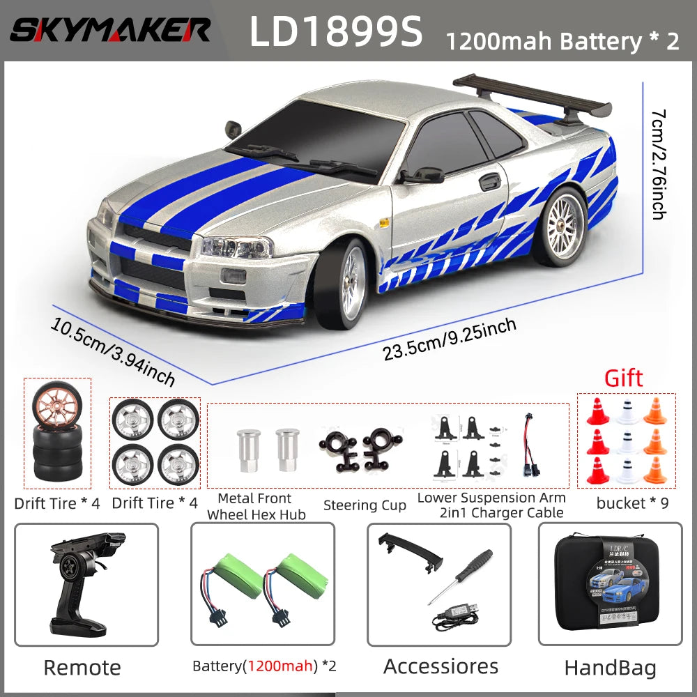 Skymaker LDRC 1/18 RC Drift Car LD1899 GTR Mode R34 2.4GHz RWD with Gyroscope on-Road Alloy Body Shell Racing Car for Boys Gifts