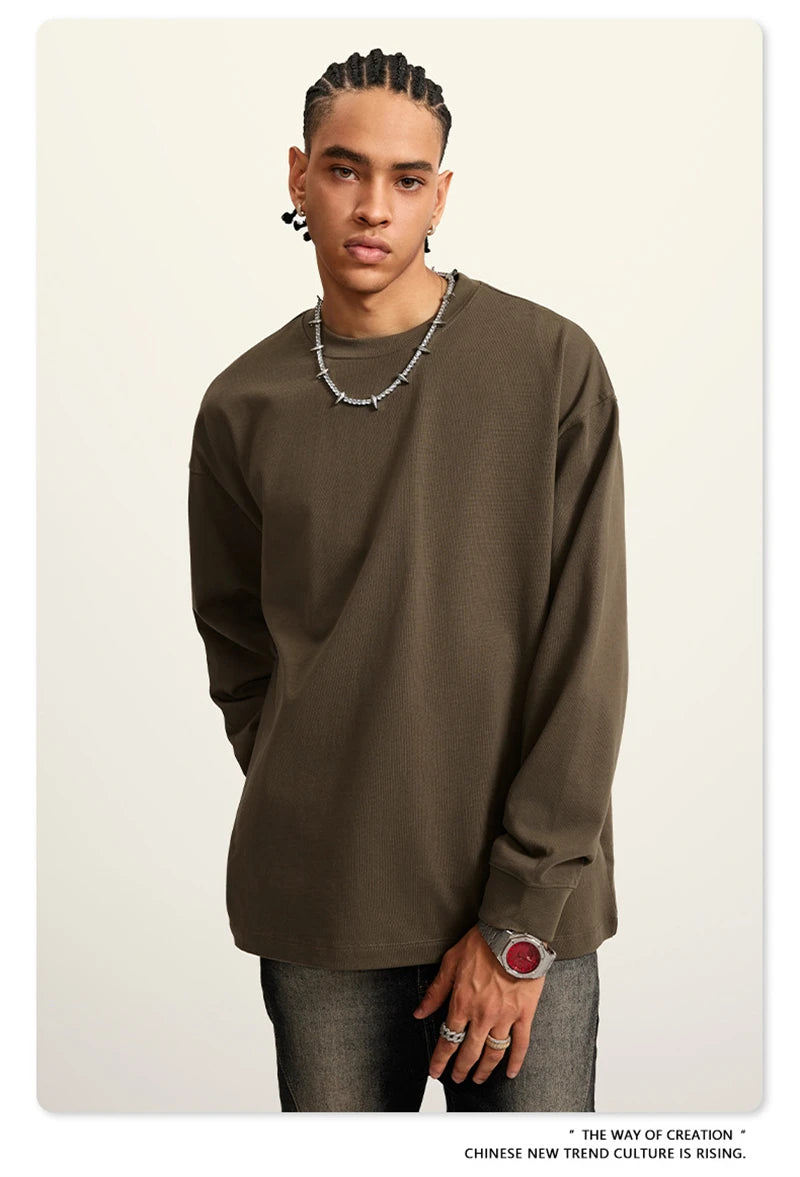 ZODF Autumn Winter 425gsm Long Sleeve T-Shirt American Retro Unisex Loose Heavyweight Basic Cotton T Shirts TEE HY0676