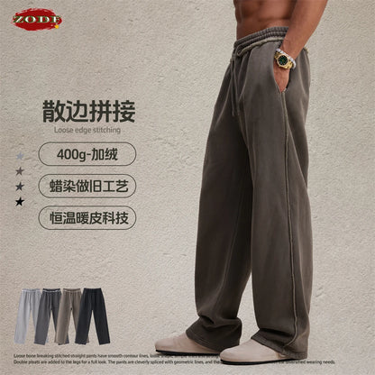 ZODF 2025 Winter Unisex Washed Fleece Straight Pants 400gsm Knitted Warm Loose Trousers HY1093