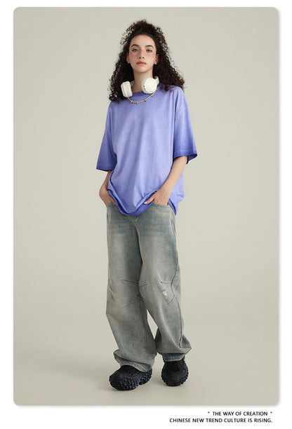 ZODF 2023 Men's Summer 255G Wash Gradient Fried Cotton T Shirt Round Neck Short Sleeve American Retro Loose T-Shirt HY0547