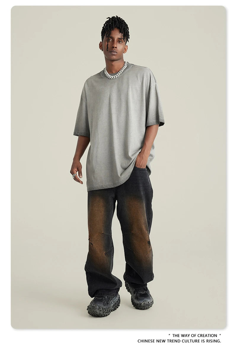 ZODF 2023 Men's Summer 255G Wash Gradient Fried Cotton T Shirt Round Neck Short Sleeve American Retro Loose T-Shirt HY0547