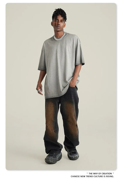 ZODF 2023 Men's Summer 255G Wash Gradient Fried Cotton T Shirt Round Neck Short Sleeve American Retro Loose T-Shirt HY0547