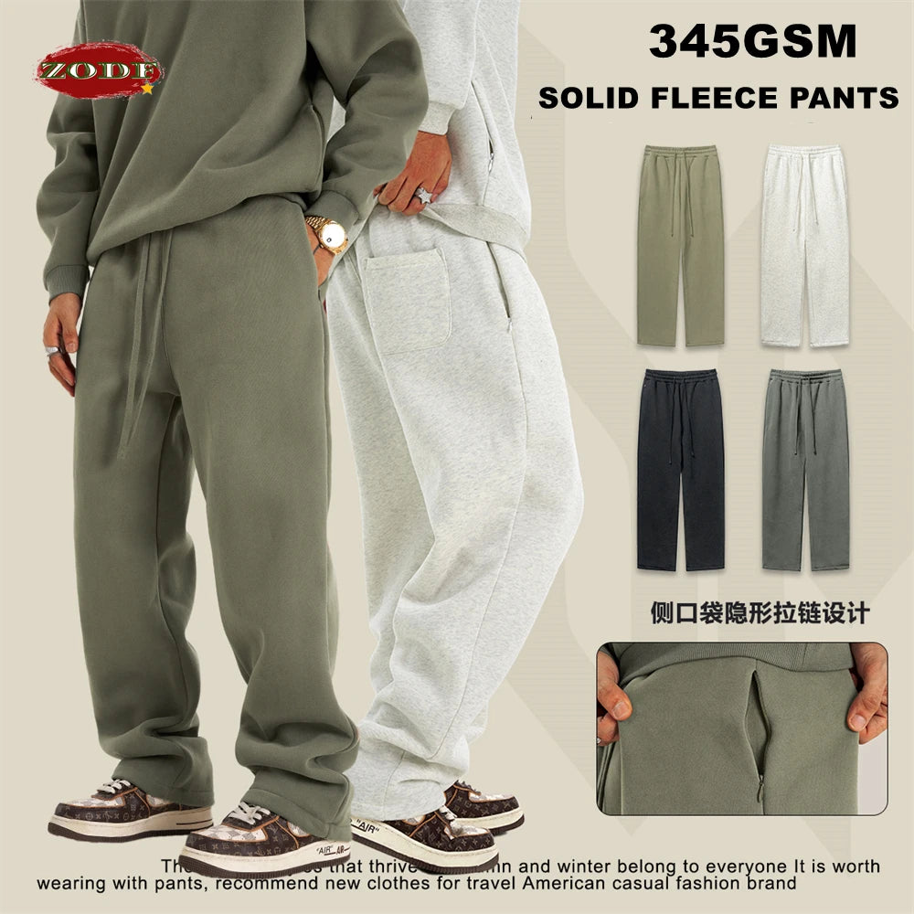 ZODF New Men's Winter Solid 345sm Fleece Straight Pants Unisex Loose Comfortable Sport Zipper Pockets Trousers HY0868