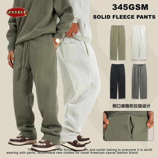 ZODF New Men's Winter Solid 345sm Fleece Straight Pants Unisex Loose Comfortable Sport Zipper Pockets Trousers HY0868