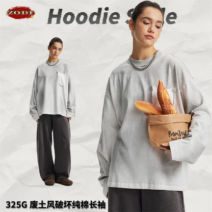 ZODF Retro Man's 325gsm Cotton Full Sleeve T-Shirts Unisex Distressed Wastland Style Monkey Washed T Shirt Tees HY1160