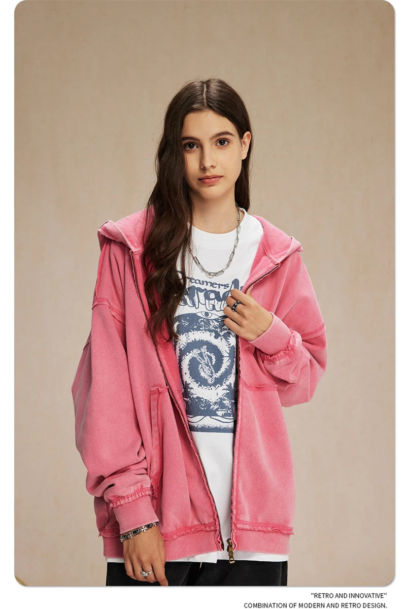 ZODF Retro Men's Heavyweight 450gsm Zipper Hoodies Unisex Loose Distressed Washed Batik Knitted Hooded Coat Jacket HY0889