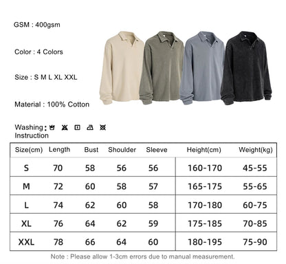 ZODF Retro Heavy Weight 400gsm Washed Cotton T-Shirts For Man Unisex Full Sleeve Turn Down Collar T Shirt Brand Tops HY1087