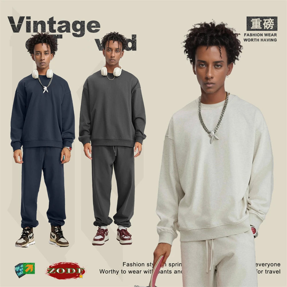 ZODF Fashion Autumn Men Solid 360gsm Sweatshirt Unisex Solid Loose Sport O Neck Pullovers Brand Clothes HY0938