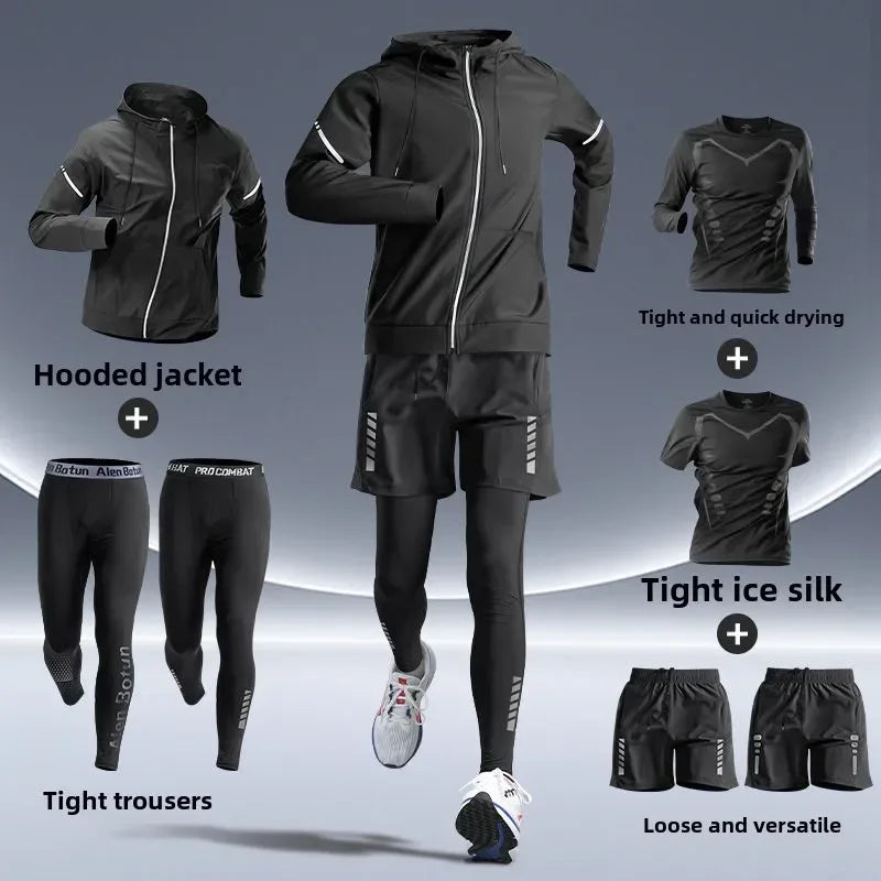 Men’s Sports Suits Fitness Clothes Tight-Fitting Quick-Drying Running Cycling Training Apparel for Autumn Night Workouts