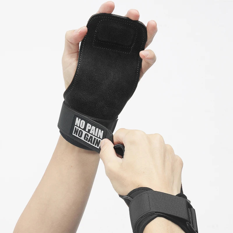Cowhide Gym Grips Gloves Weightlifting Fitness Pull Up Crossfit Workout Anti-Slip Wear-Resistant Palm Protection - Black
