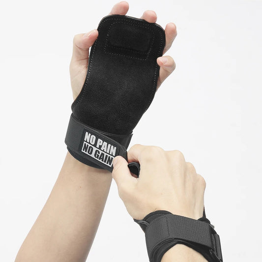 Cowhide Gym Grips Gloves Weightlifting Fitness Pull Up Crossfit Workout Anti-Slip Wear-Resistant Palm Protection - Black