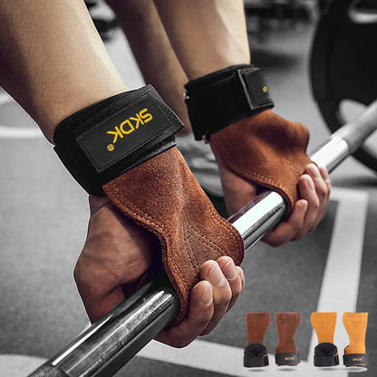 The Codex Cowhide Gym Grips with Wrist Wraps for Men and Women – Weightlifting Fitness Workout Palm Guards