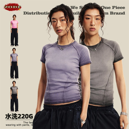 ZODF 2024 Summer Hotweet Washed T Shirt For Women Girls Gradient Raglan Sleeve Comfortable Short Tees Brand Tees HY0826
