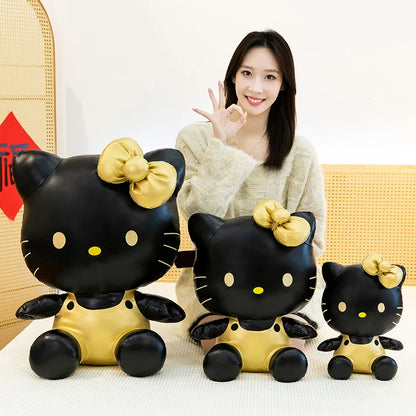 Cute Hello Kitty Plush Toy Black Gold Leather Cute Stuffed Animal Doll Kids Birthday Xmas Gift for Girls Plushie Pillow Present