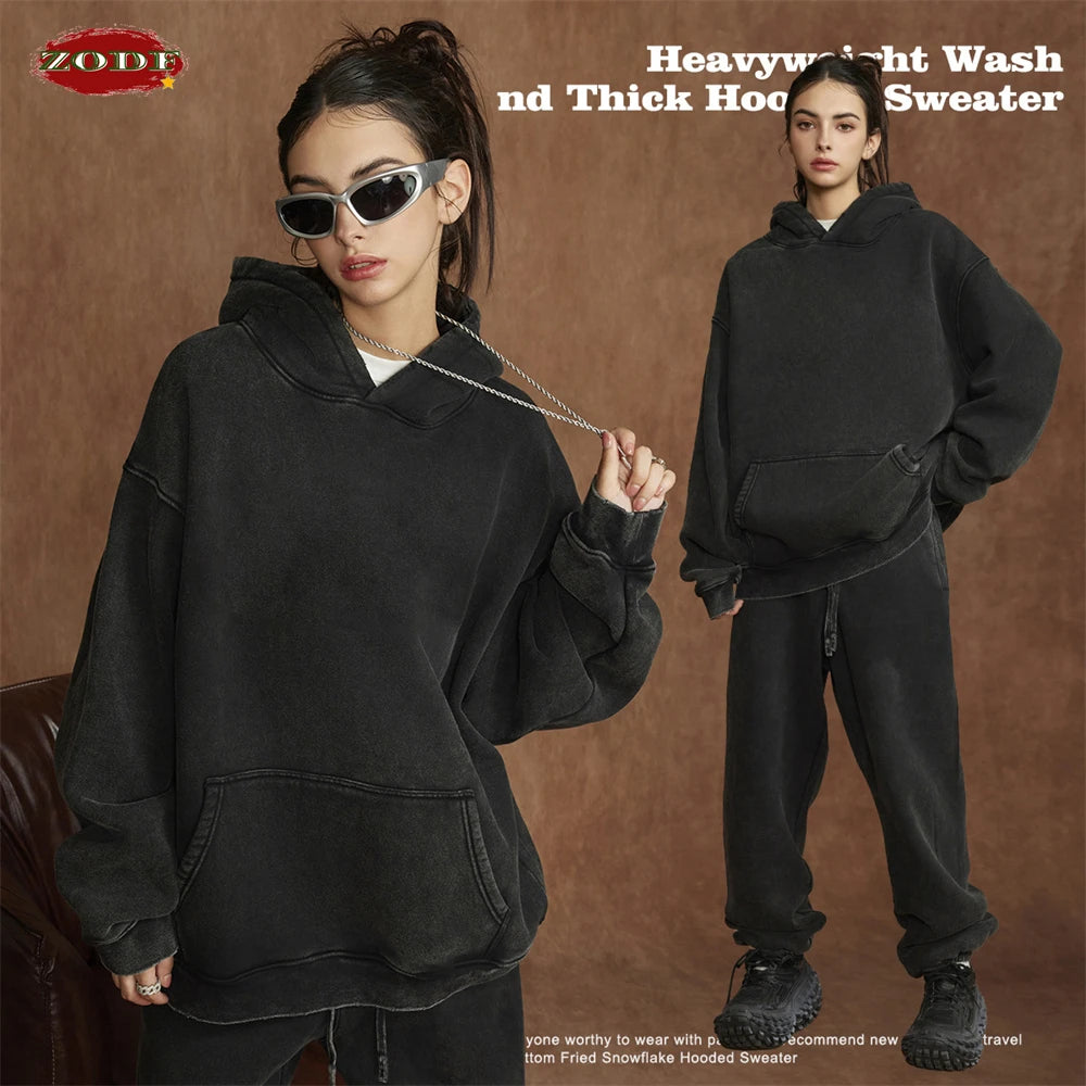 ZODF Winter Autum Men's Washed 400gsm Fleece Hoodies Unisex Couple Retro Oversized Ripped Hooded Sweatshirts Pullovers HY0652