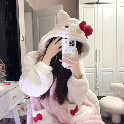 Aoger Hello Kitty Pajamas Women'S Autumn And Winter Coral Velvet Thickened Bathrobe Cute Winter Nightgown Long Women'S Suit