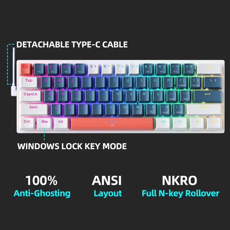 K500-B61 Machenike Mini Mechanical Keybaord 60% Form Factor 61Keys Gaming Keybaord Wired Full Key Hot-Swappable RGB Backlit
