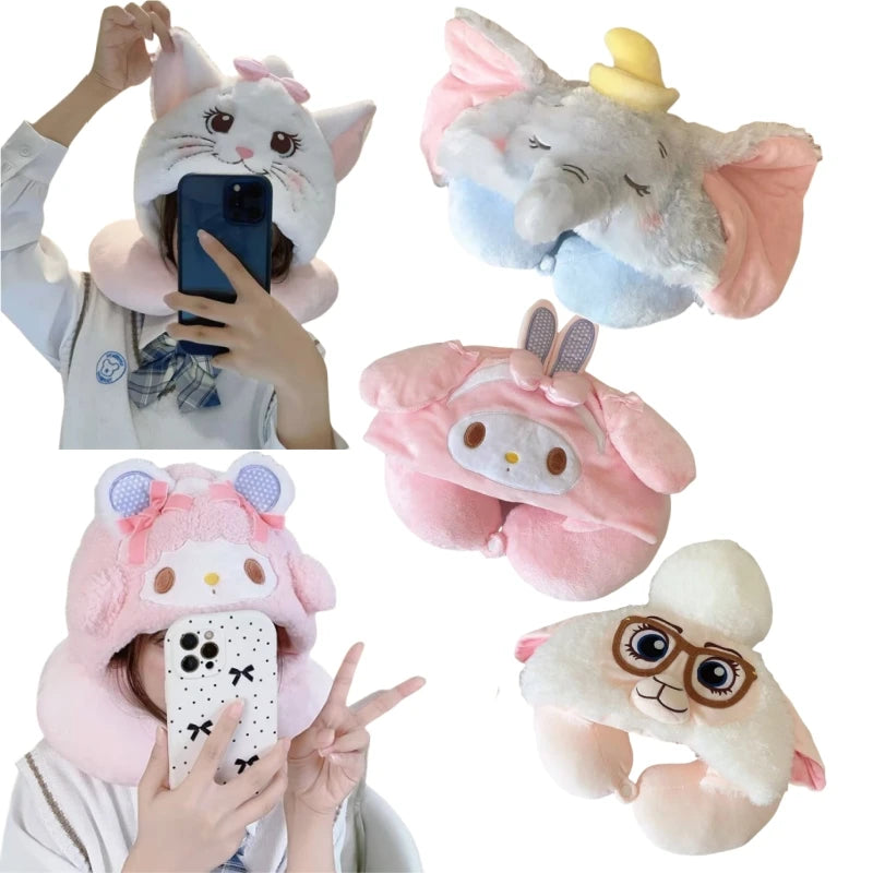 Lovely My Melody U-shaped Hooded Pillow Kawaii Japanese Style Blackout Travel Pillow Office Cartoon Nap Pillow Pink Girl