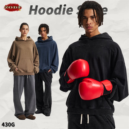 ZODF Fashion Heavy Weight 430gsm Washed Hoodie For Men Unisex Loose Edge Patchwork Distressed Hooded Pullovers Coat HY1098