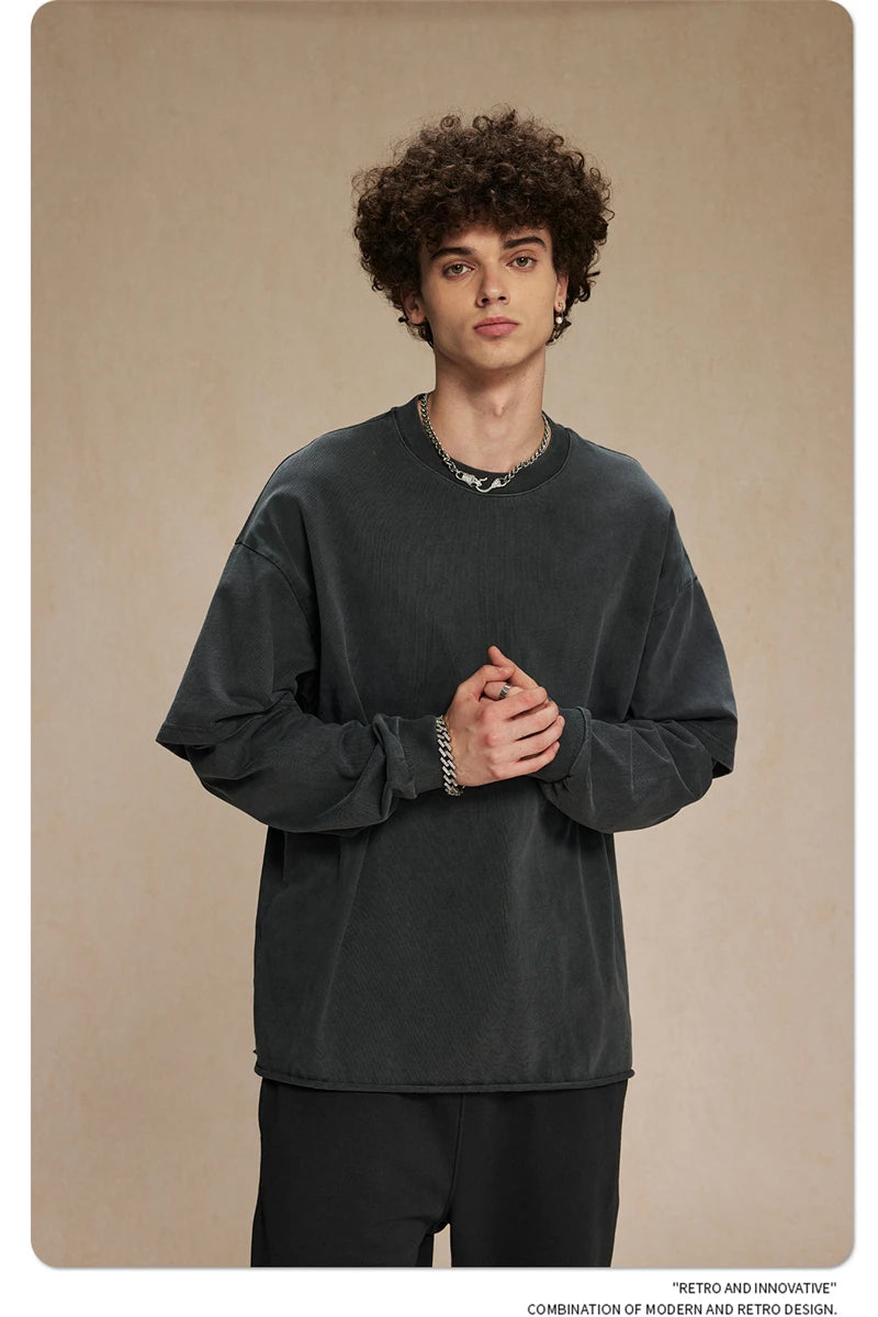 ZODF Retro Autumn Men Washed Cotton T-Shirts Unisex Loose Edge Fake 2-Piece 345gsm Full Sleeve O Neck T Shirt Brand Tops HY0928