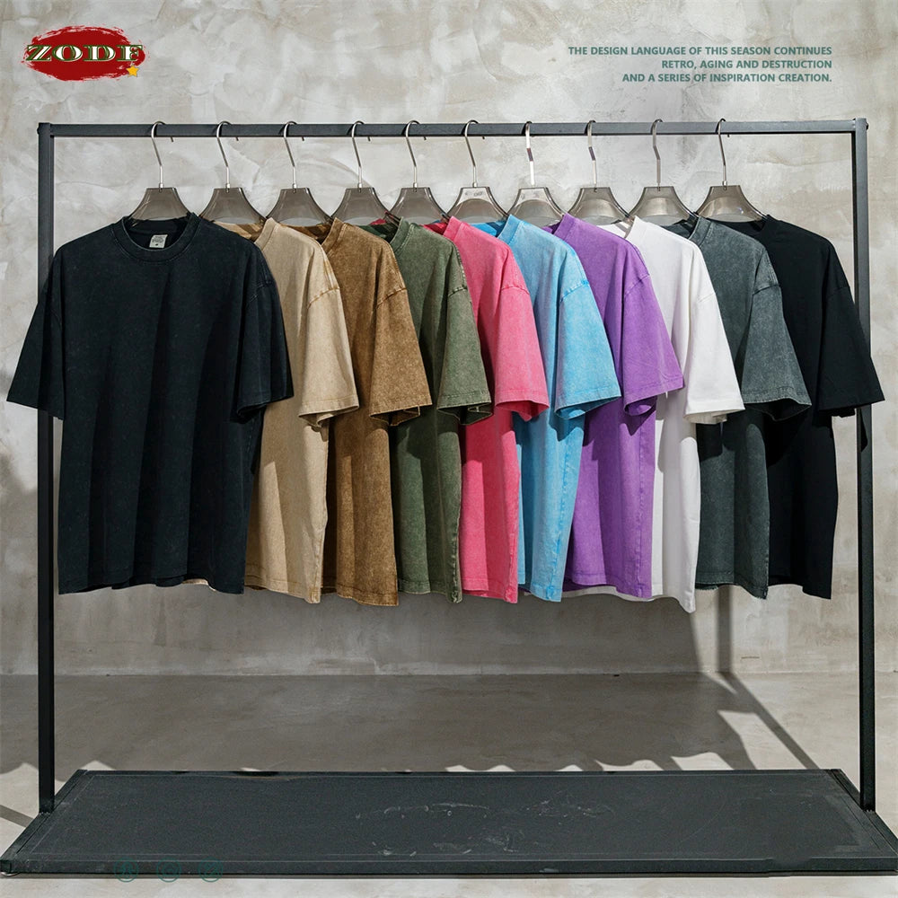 ZODF New Summer Men Washed Batik Cotton T Shirts Unisex American Retro High Street 270gsm Short Sleeve Tees Streetwear HY0489