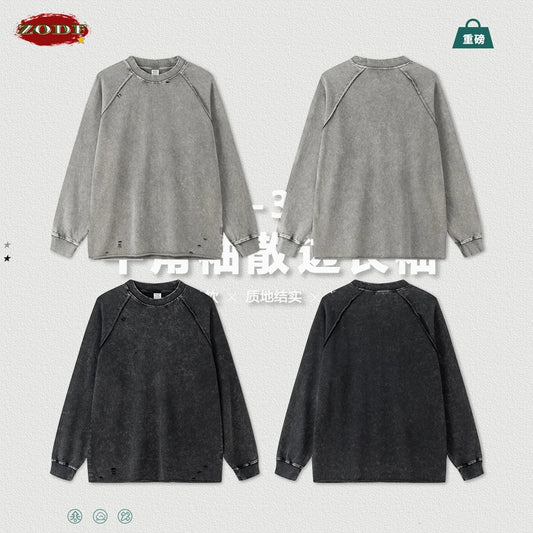 ZODF Vintage Autumn Washed Cotton T-Shirt For Men Unisex Oversized Raglan Sleeve 330gsm Distressed O-Neck T Shirt Tops HY0952