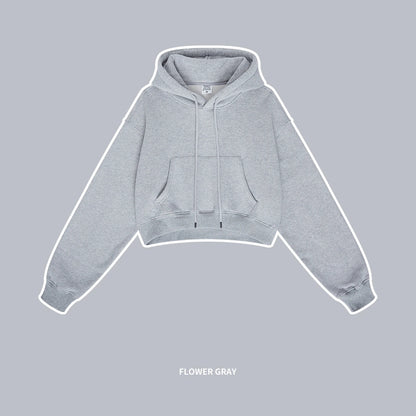 ZODF Chic Sexy Women Super-short Fleece Cropped Hoodies Girl Female Hip Hop Loose 345gsm Solid Hooded Pullover Streetwear HY0340