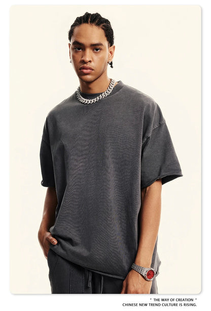 ZODF Retro 2024 Summer Men Washed Cotton T-Shirts  Unisex Women 310gsm Distressed Hem Loose Edge T Shirt Brand Tees HY0808