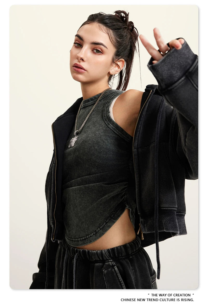 ZODF Retro 2025 Winter Women Short Zipper Hoodies Female Girls Loose 355gsm Thick Fleece Hooded Zip-up Coat Streetwears HY0448