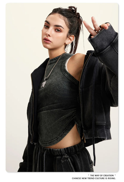 ZODF Retro 2025 Winter Women Short Zipper Hoodies Female Girls Loose 355gsm Thick Fleece Hooded Zip-up Coat Streetwears HY0448