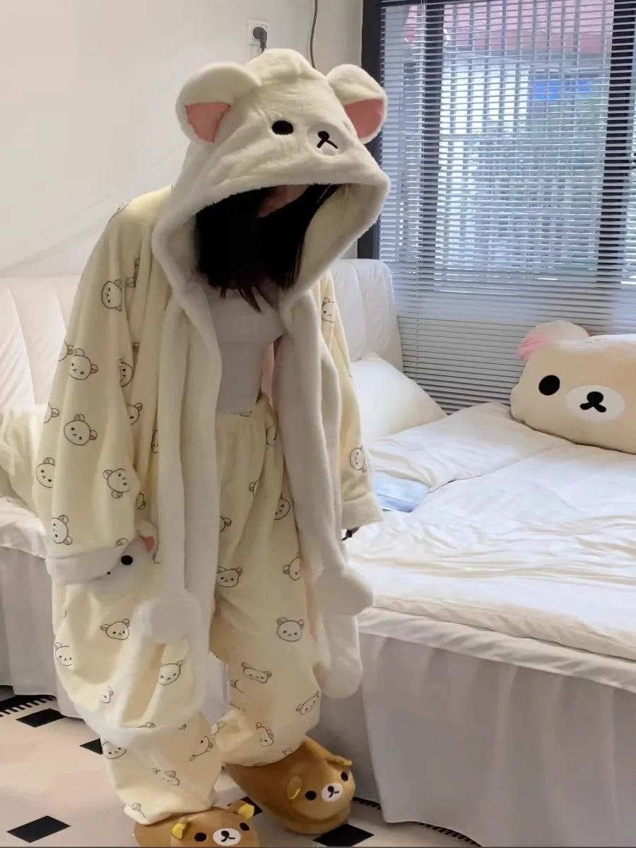 Rilakkuma Women'S Fleece-Lined Thickened Robe Coral Fleece Flannel Hooded Home Clothes Warm Nightgowns Casual Wear For Going Out