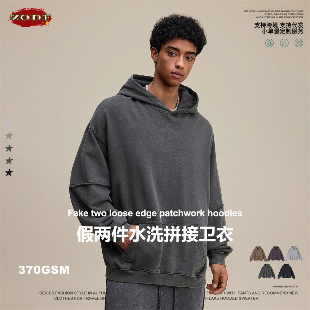 ZODF Vintage 2025 Autumn 370gsm Fake 2-Piece Hoodies For Man Unisex Washed Fire Snowflake Hooded Pullovers Terry Coats HY1108