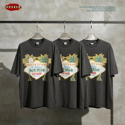 ZODF New Men High Street Washed T-Shirts Unisex Loose Tree Printing 285gsm Cotton O Neck T Shirt For Summer HY0512