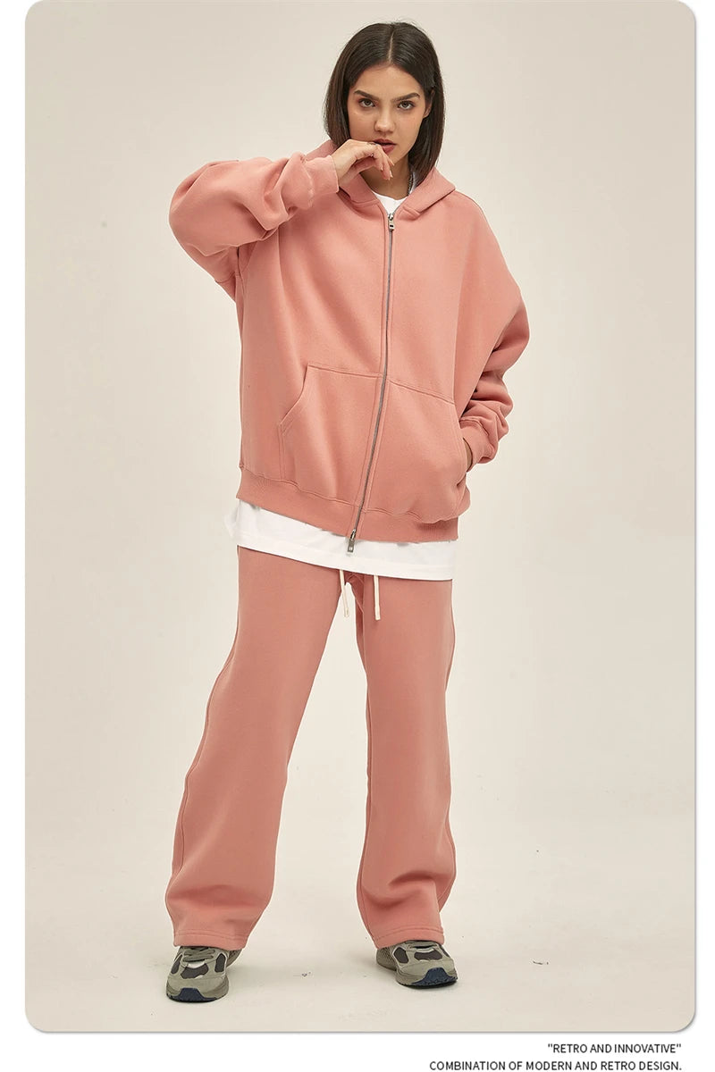 ZODF New Men Double Headed Zipper Fleece Hoodies Unisex Loose Basic Solid Warm Hooded Sweatshirts Coats For Winter HY0633