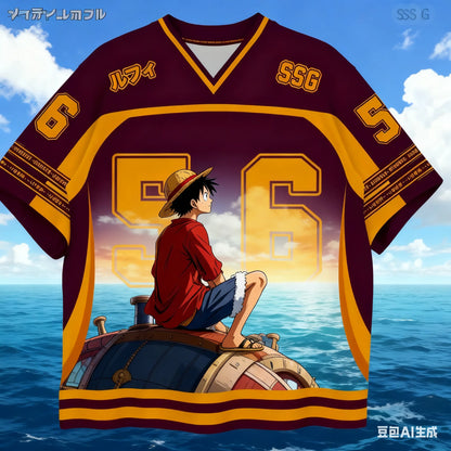 2526 New Bandai Anime One Piece Luffy Summer Jersey T-shirt Oversized 3D Adult and Children's Multifunctional Top Christmas