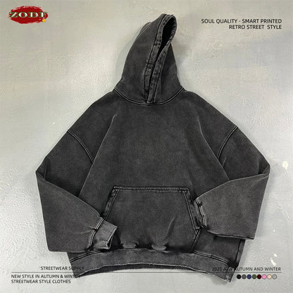 ZODF Retro 2025 Winter Man Washed Boxy Fleece Hoodies Unisex 370gsm Loose Hooded Pullovers Sweatshirt Streetwears HY1129