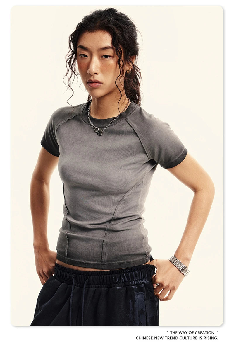 ZODF 2024 Summer Hotweet Washed T Shirt For Women Girls Gradient Raglan Sleeve Comfortable Short Tees Brand Tees HY0826