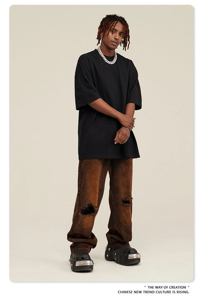 ZODF New Summer Men Washed Batik Cotton T Shirts Unisex American Retro High Street 270gsm Short Sleeve Tees Streetwear HY0489