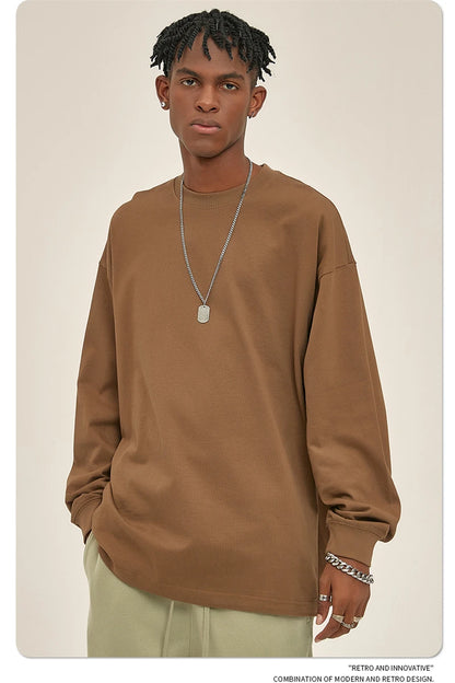 ZODF New 2025 Autumn Men 305gsm 100% Cotton T Shirt Unisex Loose Heavy Weight Basic Long Sleeve Solid T-Shirts Tops HY0634