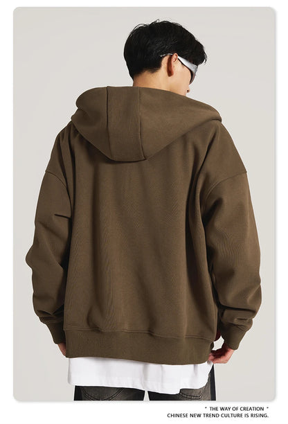 ZODF New Winter Men Zipper Fleece Hoodies Unisex Loose Heavy Weight Thick Warm Basic 420gsm Hooded Coats Hoodie HY0747