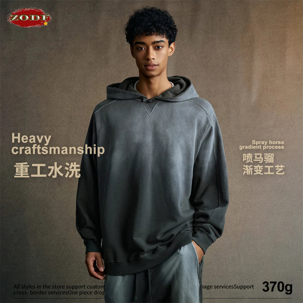 ZODF Retro Winter 370gsm Monkey Washed Hoodies For Man Unisex Oversized Off Shoulder 100% Cotton Hooded Coats Pullovers HY1136