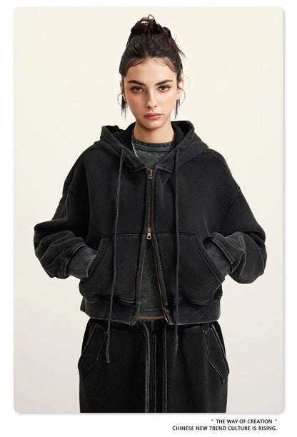 ZODF Retro 2025 Winter Women Short Zipper Hoodies Female Girls Loose 355gsm Thick Fleece Hooded Zip-up Coat Streetwears HY0448